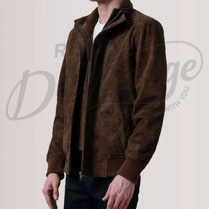 Chaqueta de gamuza marrón oscuro para hombre, con cierre de cremallera, cuello alto, estilo bomber, corte ajustado, de gamuza de cabra premium, tipo Harrington. - Product Image 3