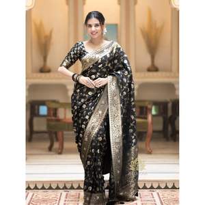 BANARASI MODA SEDA ORO ZARI TEJIDO TRABAJO SAREE CON BLUSA SIN COSTURA NEGRO - Product Image 1