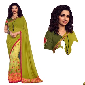 High Designer Bollywood Party Wear Indian Georgette Printed Half-Half Wedding Fancy Faux Fur <b>Saree</b> <b>Blouse</b> Washable Unstitched - Product Image 1