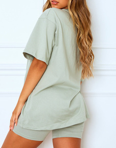 Women's Light Green Two-Piece <b>Set</b> Short Sleeve T-Shirt Short Casual Loose Fit Crew Neck Printed Letter Design Spring Summer Wear - Product Image 4