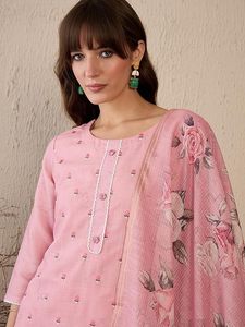 Women's <b>Linen</b> Embroidered Straight Kurta and Pant with Dupatta Set - Product Image 3