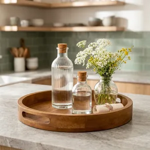 Plateau de service rond avec poignées, plateau décoratif en bois pour la maison, la cuisine, la table basse, le petit-déjeuner - Product Image 6