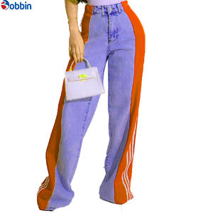 Pantalones Vaqueros con Rayas Laterales y Logotipo Personalizado para Mujer, Ropa de Moda, Pantalones de Pierna Ancha con Parches y Cintura Alta, Pantalones Rectos de Mezclilla - Product Image 3