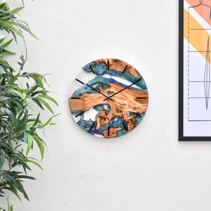 Wood Resin Wall <b>Clock</b>, Blue Water Epoxy Modern Rustic Home Decor - Product Image 1