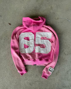 Sweat à capuche zippé en coton surdimensionné personnalisé, broderie vieillie printemps, style streetwear, court, avec strass, pour homme - Product Image 2