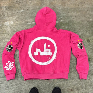 Sweat à capuche zippé pour homme en molleton épais, coupe courte, style streetwear personnalisé, avec patch brodé appliqué effet vieilli et délavé à l'acide - Product Image 1