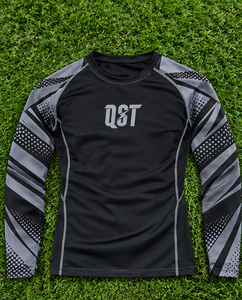 QST Men's <b>Black</b> Gray Long Sleeve Rash Guard <b>Compression</b> <b>Shirt</b> Quick Dry Front Logo Print for Fitness MMA BJJ Running - Product Image 4