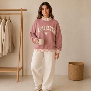 Dusty Rose Pink Check Trackstar Women's Mock Neck Sweatshirt Ivory Letter <b>Star</b> Custom Logo Private Label Wholesale Pullover - Product Image 1