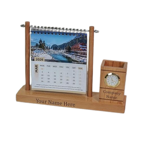 Calendario de Escritorio de Madera Personalizado con Portaplumas y Reloj |   Organizador de Escritorio Personalizado para Oficina, Fabricante de Regalos Corporativos - Product Image 1