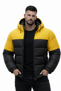 Chaqueta de Invierno para Hombre con Capucha, Acolchada, Bicolor Amarillo y Negro, Gruesa y Cálida, Estilo Casual para Exteriores, con Cierre, Venta al Por Mayor OEM - Product Image 4