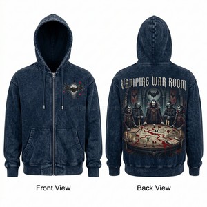 เสื้อฮู้ดดี้พรีเมียมผู้ชายสีน้ำเงินฟอกยีนส์แบบซิปเต็มตัว พิมพ์ลายแวมไพร์ สไตล์สตรีทแวร์ ทรงโอเวอร์ไซส์ ผ้าคอตตอนฟลีซหนานุ่ม ผลิตจากโรงงาน - Product Image 1