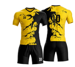 Ensemble de maillots de football jaunes et noirs pour hommes, manches courtes, col en V, impression sublimée, polyester respirant, uniformes toutes saisons, taille adulte - Product Image 1