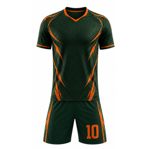 ชุดยูนิฟอร์มฟุตบอลสีเขียวเข้มแบบกำหนดเองสำหรับ OEM พร้อมเสื้อและกางเกงขาสั้นลายรังผึ้งสีส้มแบบซับลิเมชั่น - Product Image 2