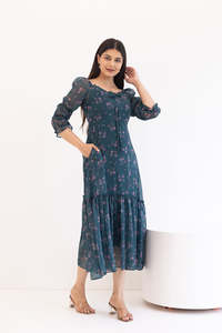 Vestido Midi de Gasa con Estampado Floral y Hombros Descubiertos, con Mangas con Volantes, Corte en A, Holgado, Estilo Romántico, para Uso Diario en Primavera - Product Image 2