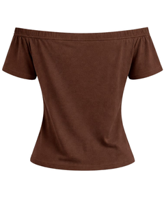 T-shirt marron chocolat pour femme, épaules dénudées, manches courtes, coupe ajustée, décontracté, été, en coton doux, fabrication sur mesure - Product Image 4