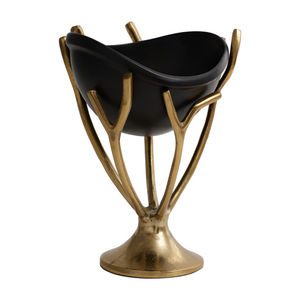 Cuenco metálico negro mate con base de pedestal dorada estilo rama orgánica, un sofisticado elemento decorativo de lujo para cualquier hogar. - Product Image 5