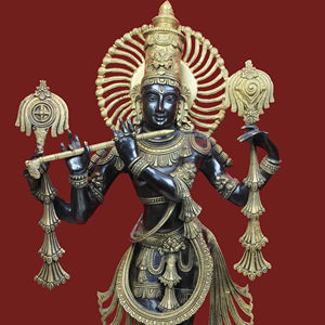 Estatua Religiosa de Latón del Dios Krishna Tocando la Flauta, Bañada en Oro Pulido, 20 Pulgadas - Product Image 1