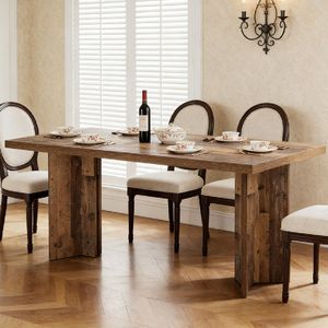Table à manger rectangulaire en bois massif avec plateau en pierre frittée marbrée, finitions en bois, assemblée - Product Image 1