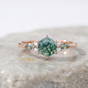 Anillo de Compromiso de Ágata Musgosa Hexagonal, Anillo Nupcial de Ágata Musgosa en Oro de 14K con Acento de Diamante, Anillo de Promesa Inspirado en la Naturaleza, Joya Fina Única - Product Image 3