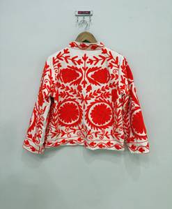 Hand Embroidered Suzani <b>Jacket</b> Women Red Floral Cotton <b>Kantha</b> Quilted Reversible Coat Vintage Ethnic Open Front Short Outerwear - Product Image 2
