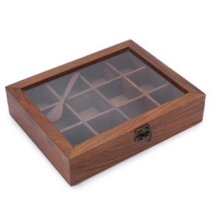 Acacia Wood Spice <b>Box</b> with Glass Lid 12 Compartments Handmade Masala Storage Organizer Kitchen Spice Container - Product Image 1