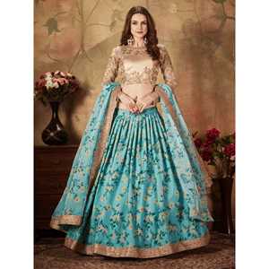 Exquisito azul cielo Floral impreso Organza boda Lehenga Choli un conjunto seductor para novias - Product Image 5