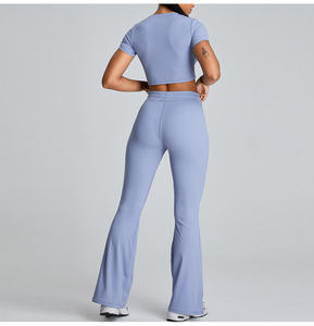 Women Short Sleeve High Waist Flared Leggings 2 Piece <b>Sets</b> <b>Yoga</b> Fitness Clothing <b>Set</b> custom logo and custom desighn - Product Image 3