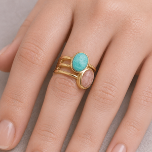 Green Pink Amazonite Double Stone Brass Classic Modern Handmade Elegant Designer <b>Statement</b> <b>Ring</b> for Women - Product Image 6