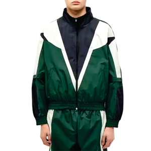 Men's Green Navy White Color Blocking <b>Racer</b> <b>Jacket</b> Stand Collar Zipper Closure Sporty Breathable Autumn Wear Regular Fit - Product Image 2