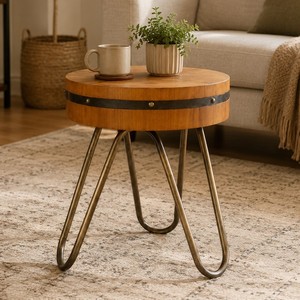 Modern Round Solid Teak Wood Rumi Decorative Side Table Metal Hairpin Legs Living Room Furniture Midcentury Design Model TAB46 - Product Image 1