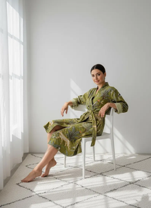 Bata Kimono de Algodón con Estampado de Bloques, Cuello en V, Secado Rápido, Larga, Ligera, para Dama de Honor, Ropa de Dormir de Verano, Talla Única - Product Image 4