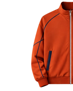 Conjunto Deportivo Personalizado para Hombre, Color Naranja, con Cierre Completo y Ribete Azul Marino, Ropa Deportiva, Fabricante Personalizado OEM, Ropa de Gimnasio - Product Image 3