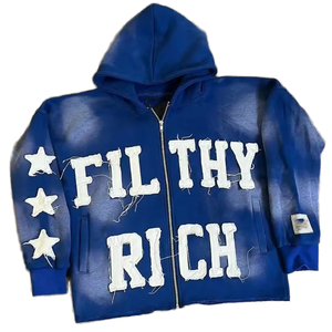 Sudadera con capucha roja para hombre, estilo vintage, con cremallera, efecto desgastado, con apliques de letras y estrellas. - Product Image 3