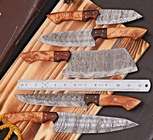 Ensemble de couteaux de cuisine en acier Damas fait main, 5 pièces, avec étui en cuir véritable, comprenant un couteau de chef, un couteau à steak, un couteau utilitaire - Product Image 4