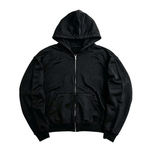 Sweat à capuche unisexe noir zippé 100% coton couleur unie coupe classique séchage rapide streetwear poche kangourou 300g tricoté automne - Product Image 1