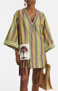 Women's Striped V-Neck <b>Bohemian</b> <b>Top</b> With Embroidery And Fringe Cotton Bamboo Fiber Loose Fit Above Knee Spring Summer Wear - Product Image 2