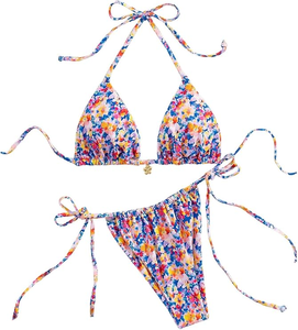 Ensemble bikini floral pour femme, haut croisé à nouer, bas à nouer sur les côtés, en spandex et polyester, maillot de bain deux pièces extensible - Product Image 1