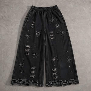Custom Washed Wide Leg Sweatpants Unisex Casual <b>Loose</b> Fit <b>Jogger</b> Pants with Rhinestone Star Details Distressed Hem - Product Image 4