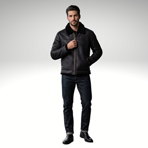 Black <b>Shearling</b> Leather <b>Bomber</b> <b>Jacket</b> Mens Genuine Sheepskin Winter Aviator V-neck Zipper Closure Vintage Coat - Product Image 1