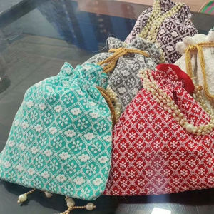 Embroidery Crafts Handmade Cotton Potli <b>Purse</b> With Pearl Embroidery Flower Pattern <b>Red</b> Green Blue Multicolor Drawstring Bag - Product Image 1