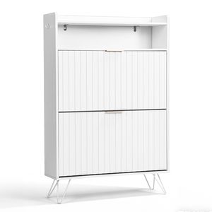 Scarpiera dal Design Moderno con Pannelli Frontali e Laterali a Doghe, Coperchi con Apertura Superiore, Due Scomparti, Due Ganci, Gambe Alte - Product Image 1