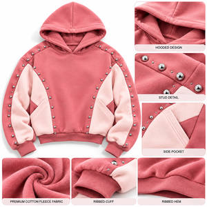 เสื้อฮู้ดสีบล็อกคุณภาพสูง แขนยาว แต่งหมุดโลหะ สไตล์ลำลอง สำหรับผู้หญิง แบรนด์ส่วนตัว B2B - Product Image 5