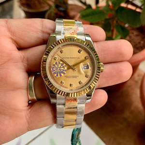 Montre mécanique de luxe vintage bicolore avec cadran soleil doré, index diamantés, haute qualité, édition limitée, boîtier 12 mm, bracelet 22 mm - Product Image 3