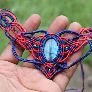 Labradorite Macrame <b>Necklace</b> Red Blue Thread Oval Gem Boho Handmade <b>Statement</b> Jewelry for Women - Product Image 1