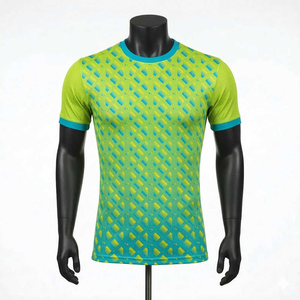 Camiseta de Manga Corta con Cuello Redondo y Estampado Geométrico Verde Azul para Hombre, de Secado Rápido, Tejido de Punto, Corte Ajustado, Estilo Deportivo - Product Image 1