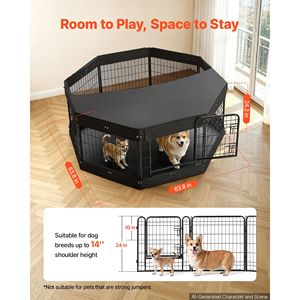 Parc pour chien pliable en métal robuste de 24 pouces à 8 panneaux avec couvercle supérieur et tapis de sol, utilisable en intérieur - Product Image 2