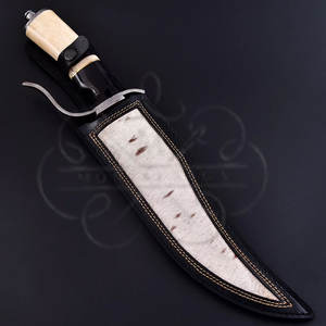 Cuchillo de Caza Bowie de Acero de Damasco, Forjado a Mano, con Mango de Cuerno de Búfalo y Hueso de Camello, para Caza y Camping, con Funda de Cuero - Product Image 4