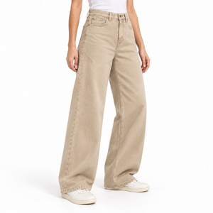 <b>Women</b> High Waist <b>Baggy</b> Straight Leg Woven Denim <b>Jeans</b> with Chevron Hip Panels-Stonewashed Sand Beige Casual Winter Style - Product Image 3