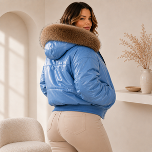 Women's Genuine Leather Puffer Jacket with Plaid Pattern <b>Fox</b> <b>Fur</b> Collar Zipper Closure Thin Windproof Winter Streetwear - Product Image 5