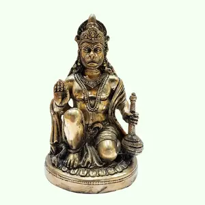 Estatua de Latón Hecha a Mano del Dios Hanuman Sentado con Gada, Ídolo Tradicional de Bajrangbali para Protección y Fuerza, y Vastu - Product Image 3